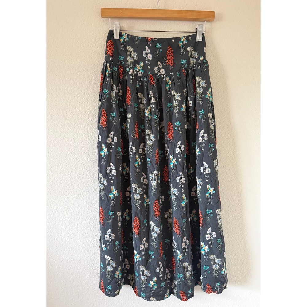 Natural Life Womens Floral Smocked Back Side Slit Gray Maxi Skirt Small Boho
